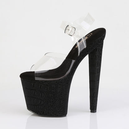 Pleaser RAZZLE-808WR Clear / Black Reptile Print Platform Sandals - 8 Inch Heels