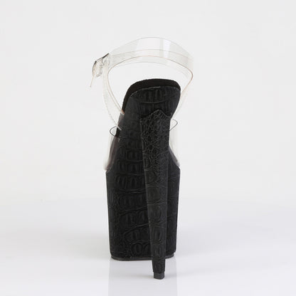 Pleaser RAZZLE-808WR Clear / Black Reptile Print Platform Sandals - 8 Inch Heels