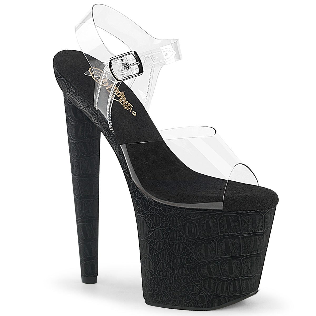 RAZZLE-808WR Pleaser Clear Black 8 Inch Glamour Models Platform Shoes Clr Blk Reptile Print