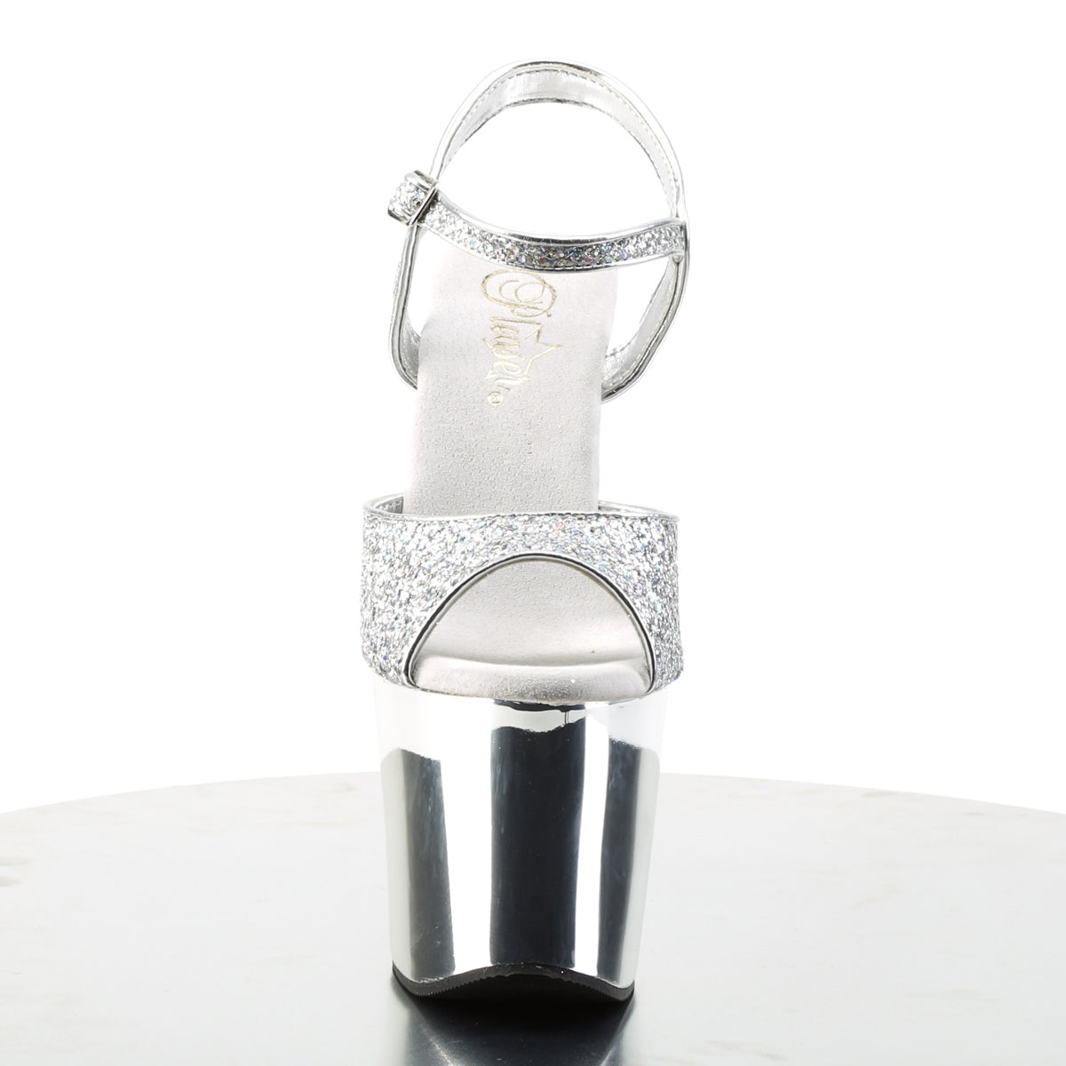 Pleaser REVOLVER-709G Silver Multicolour Glitter / Silver Chrome Rhinestone Platform Sandals - 7 Inch Heels