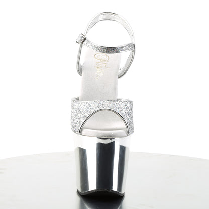 Pleaser REVOLVER-709G Silver Multicolour Glitter / Silver Chrome Rhinestone Platform Sandals - 7 Inch Heels