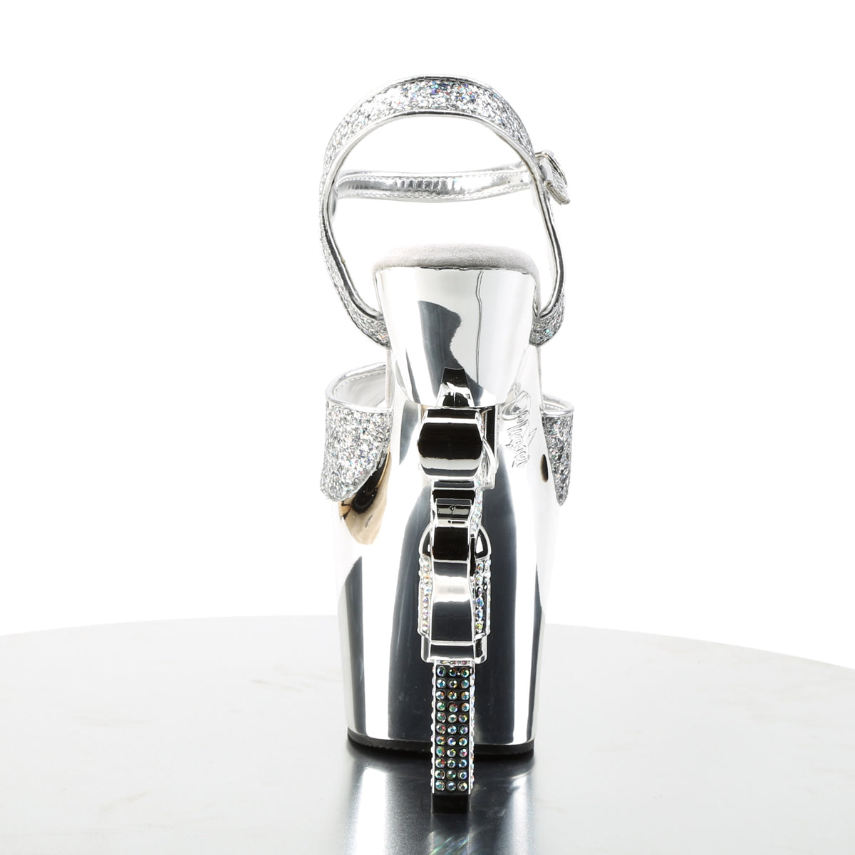 Pleaser REVOLVER-709G Silver Multicolour Glitter / Silver Chrome Rhinestone Platform Sandals - 7 Inch Heels