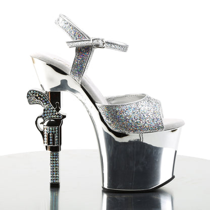 Pleaser REVOLVER-709G Silver Multicolour Glitter / Silver Chrome Rhinestone Platform Sandals - 7 Inch Heels
