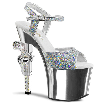 Pleaser REVOLVER-709G Silver Multicolour Glitter / Silver Chrome Rhinestone Platform Sandals - 7 Inch Heels