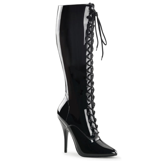 Pleaser SEDUCE-2020 Black Lace-Up Knee High Boots - 5 Inch Heels