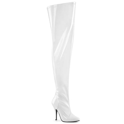 SEDUCE-3000WC Pleaser White 5 Inch Wide Ladies Thigh Boots Wht Str Pat