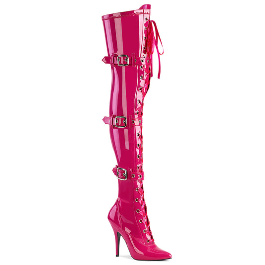 Pleaser SEDUCE-3028 Hot Pink Lace-Up Thigh High Boots - 5 Inch Heels