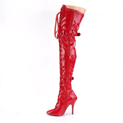 Pleaser SEDUCE-3028 Red Lace-Up Thigh High Boots - 5 Inch Heels