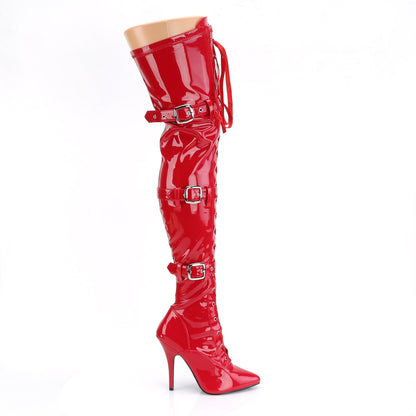 Pleaser SEDUCE-3028 Red Lace-Up Thigh High Boots - 5 Inch Heels