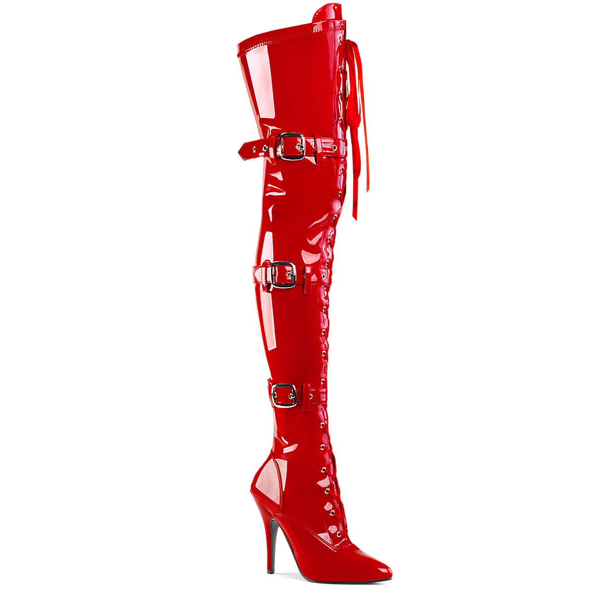 Pleaser SEDUCE-3028 Red Lace-Up Thigh High Boots - 5 Inch Heels