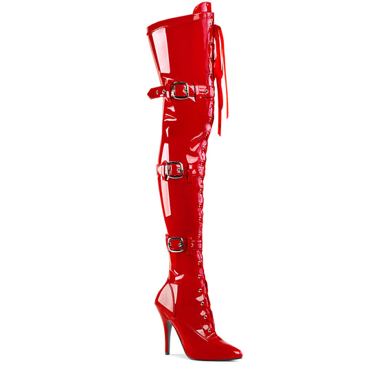 Pleaser SEDUCE-3028 Red Lace-Up Thigh High Boots - 5 Inch Heels