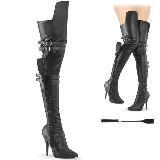 SEDUCE-3080 Pleaser Thigh High Boots Black Str. Faux Leather Single Soles