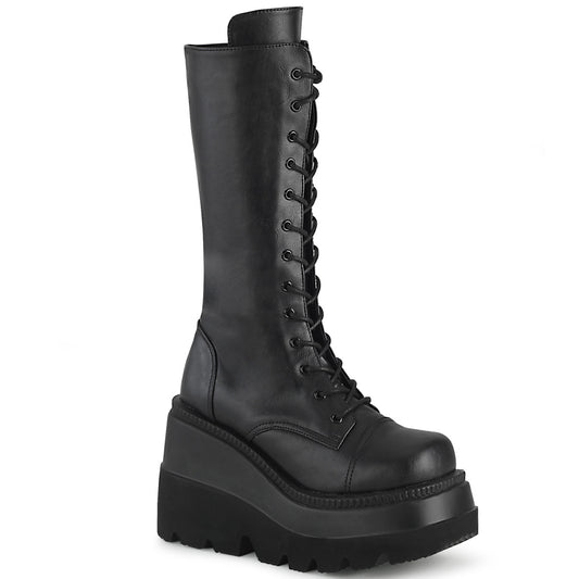 Demonia SHAKER-72 Black Lace-Up Platform Mid Calf Boots