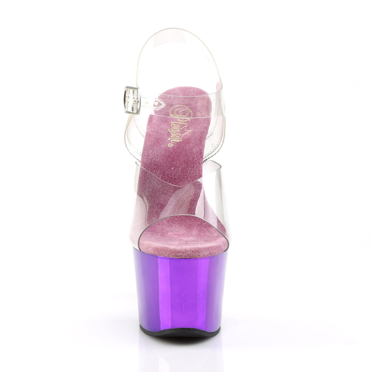 Pleaser SKY-308 Clear / Purple Chrome Platform Sandals - 7 Inch Heels
