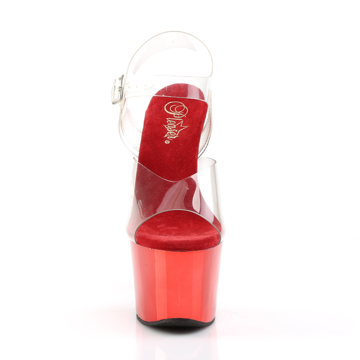 Pleaser SKY-308 Clear / Red Chrome Platform Sandals - 7 Inch Heels