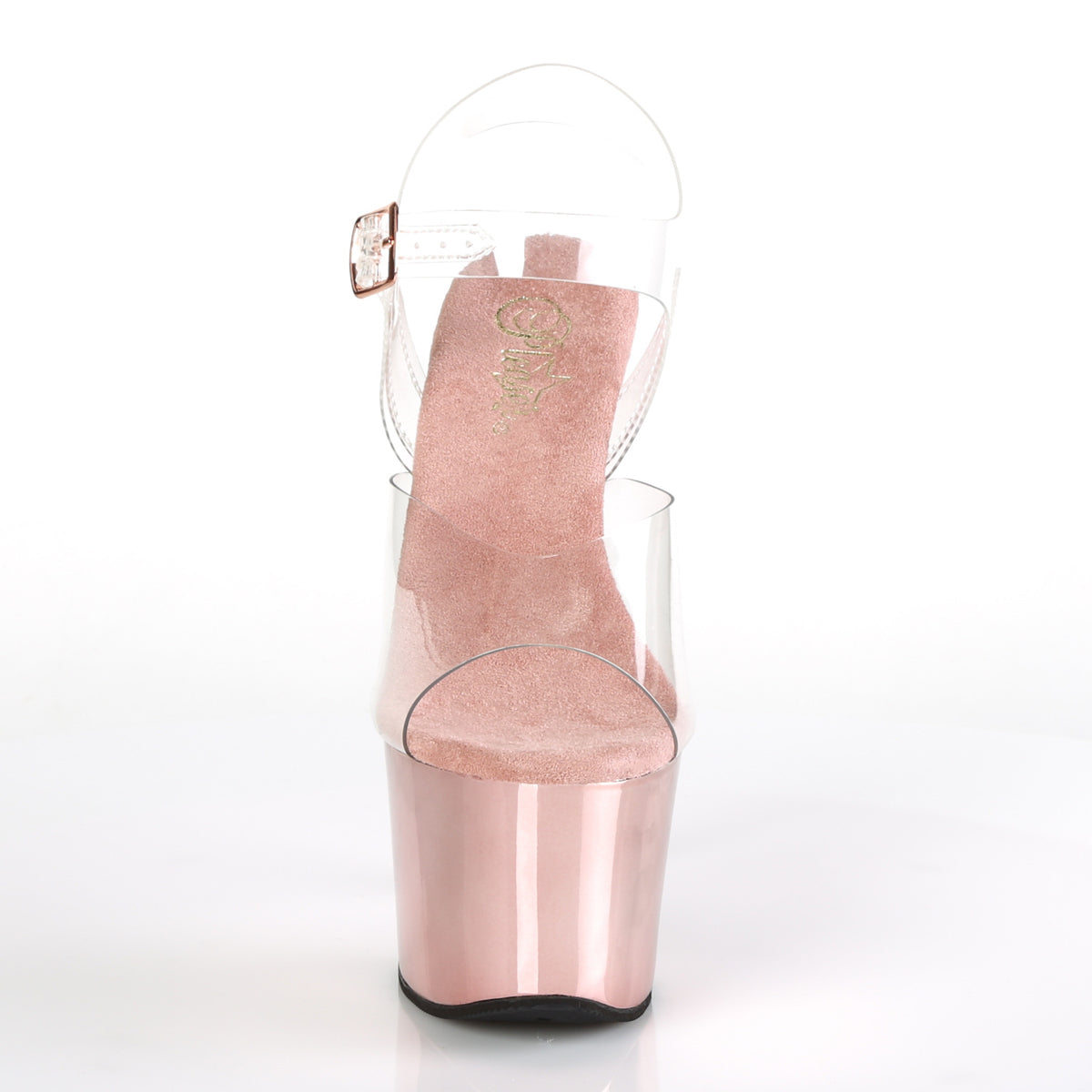 Pleaser SKY-308 Clear / Rose Gold Chrome Platform Sandals - 7 Inch Heels