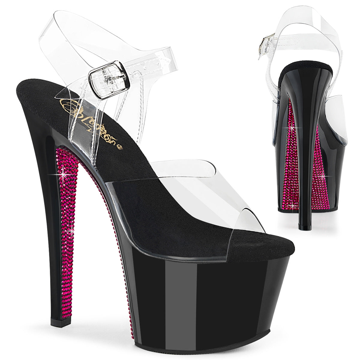 SKY-308CRS Pleaser Clear Black 7 Inch Lap Dancer Platform Shoes Clr Blk-H. Pink RS