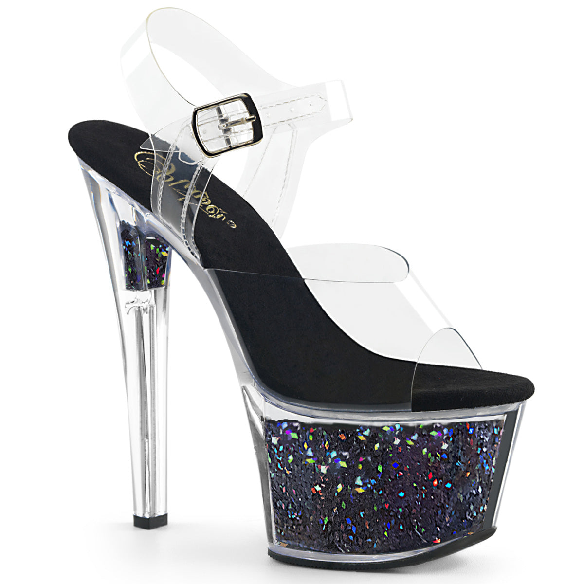 SKY-308GF Pleaser Black Glitter 7 Inch Exotic Dancing Platform Shoes Clear Black Multi Glitter