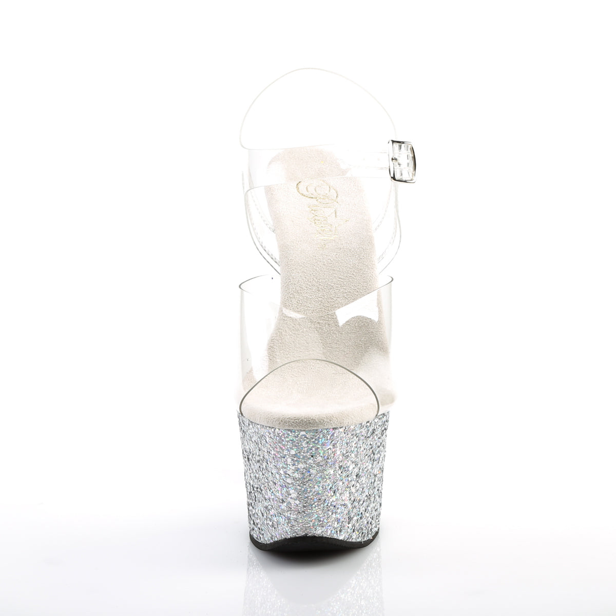 Pleaser SKY-308LG Clear / Silver Multicolour Glitter Glitter Platform Sandals - 7 Inch Heels