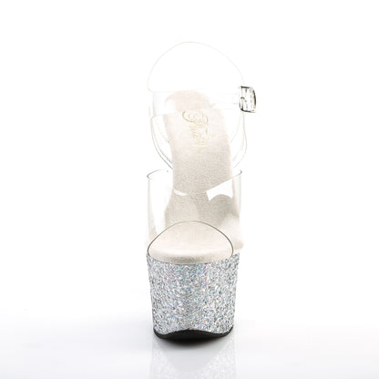 Pleaser SKY-308LG Clear / Silver Multicolour Glitter Glitter Platform Sandals - 7 Inch Heels