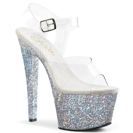 Pleaser SKY-308LG Clear / Silver Multicolour Glitter Glitter Platform Sandals - 7 Inch Heels
