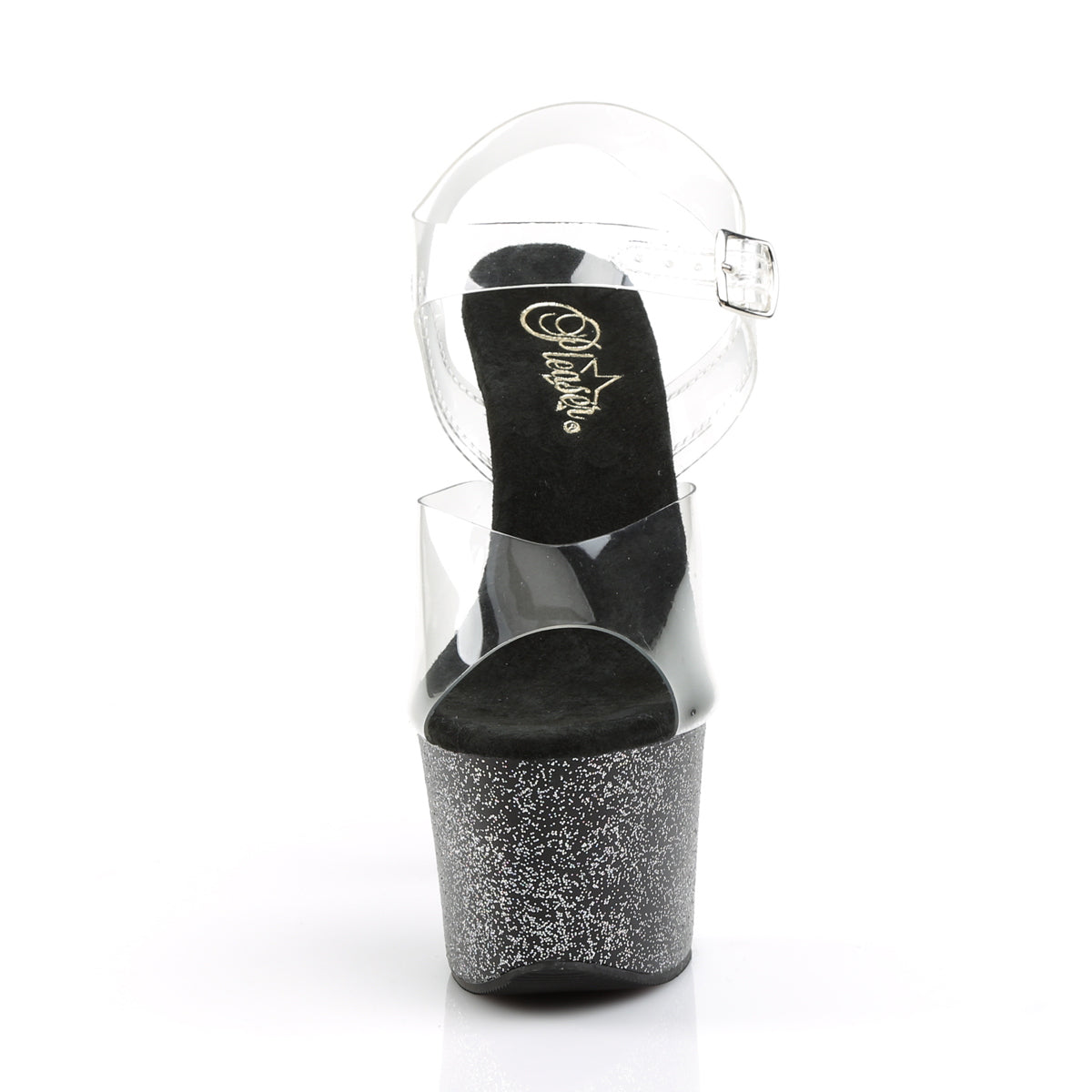 Pleaser SKY-308MG Clear / Black Glitter Platform Sandals - 7 Inch Heels