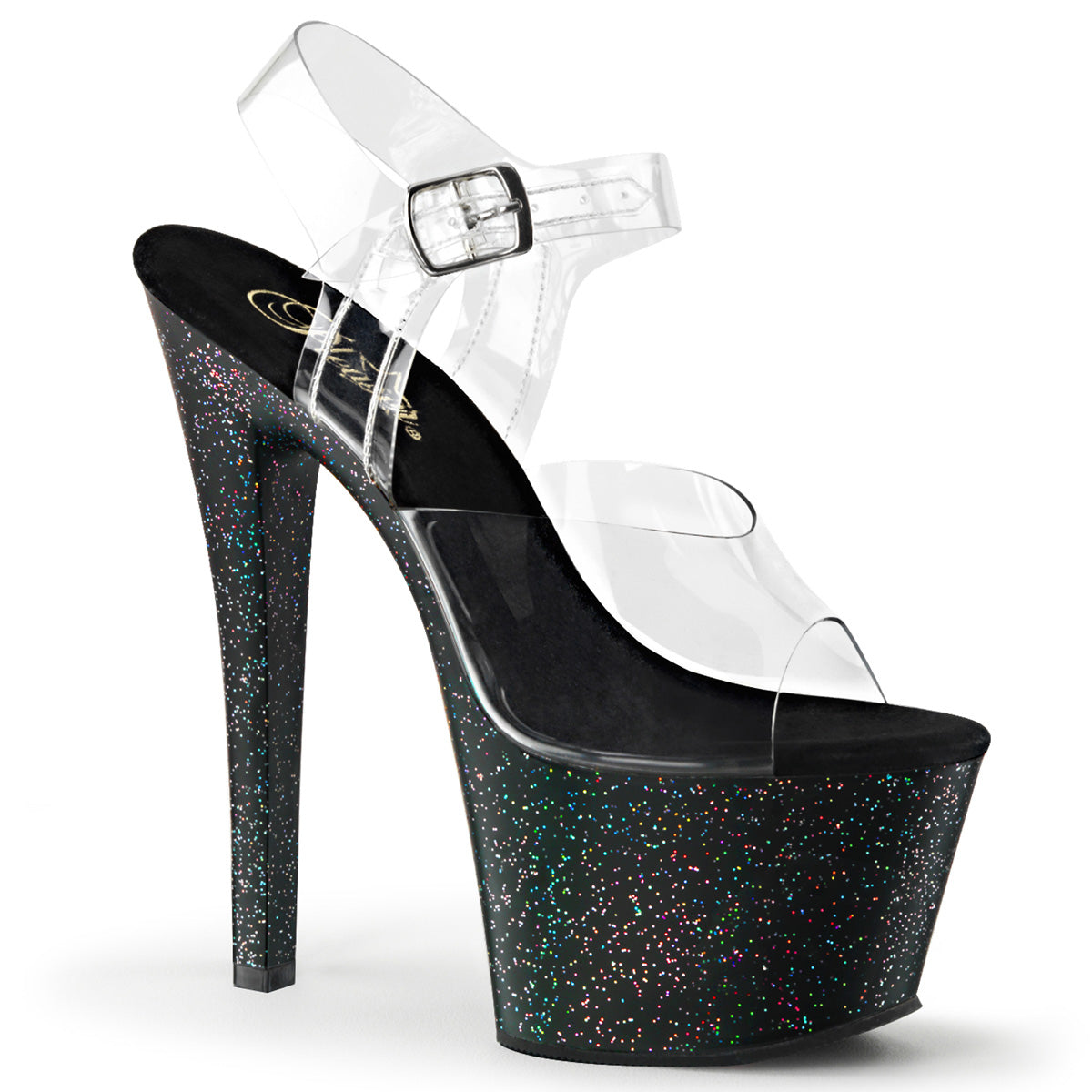 Pleaser SKY-308MG Clear / Black Glitter Platform Sandals - 7 Inch Heels