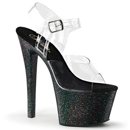 Pleaser SKY-308MG Clear / Black Glitter Platform Sandals - 7 Inch Heels