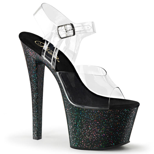 Pleaser SKY-308MG Clear / Black Glitter Platform Sandals - 7 Inch Heels