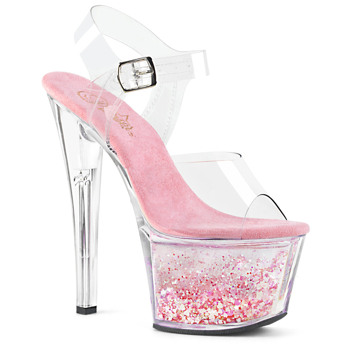 SKY-308WHG 7" Clear Baby Pink Glitter Pole Dancer Platform Pole Shoes