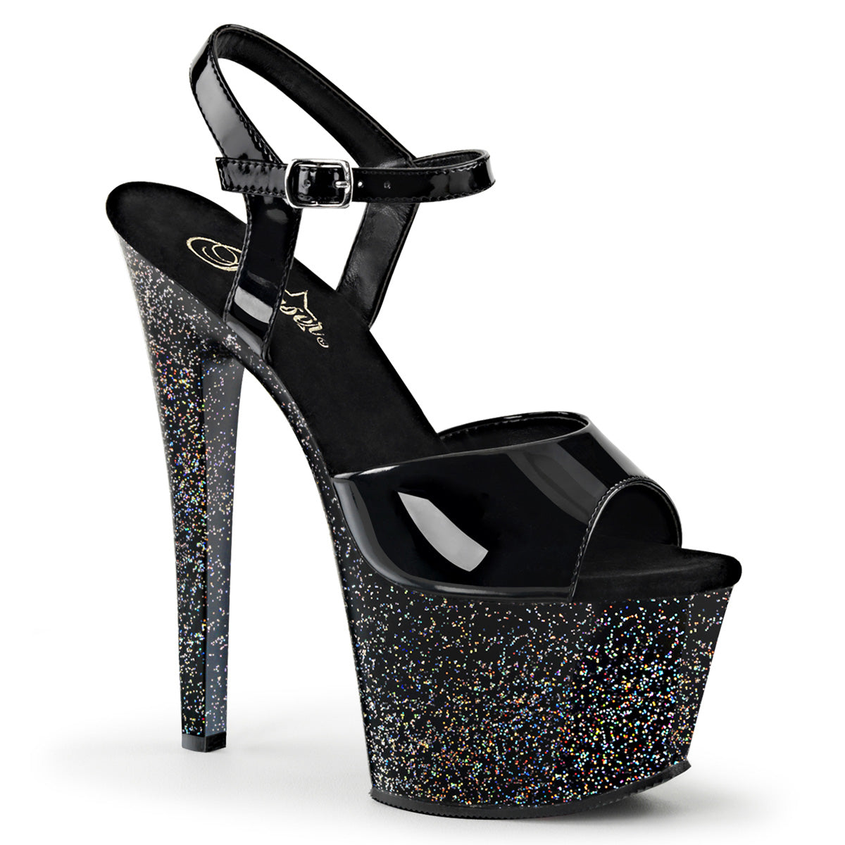Pleaser SKY-309MG Black Glitter Platform Sandals - 7 Inch Heels