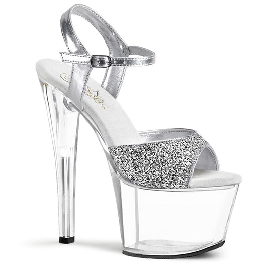 Pleaser SKY-310 Silver Glitter / Clear Glitter Platform Sandals - 7 Inch Heels