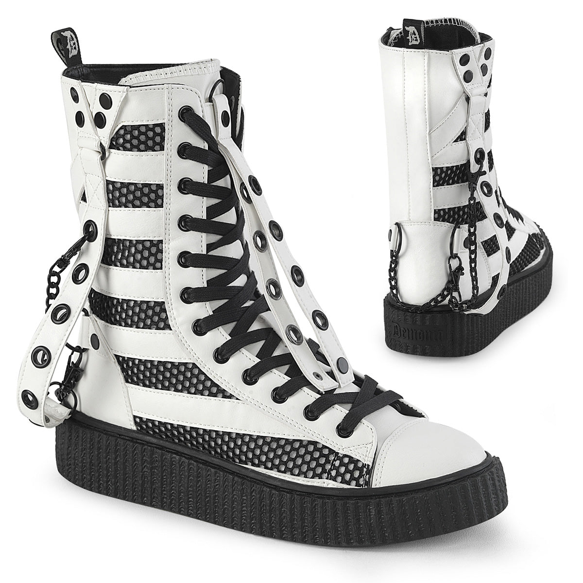 SNEEKER-325 Demonia Cult White Alternative Unisex Sneakers Wht Vegan Leather-Fishnet