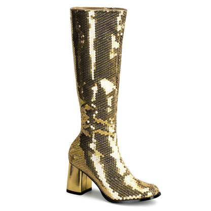 SPECTACUL-300SQ Bordello Gold Sequins 3 Inch Burlesque Boots Gold Sequins