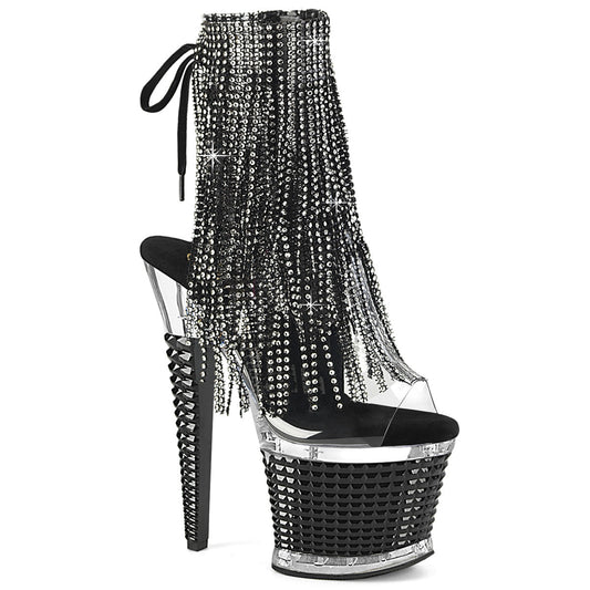 Pleaser SPECTATOR-1017RSF Clear / Clear-Black Rhinestone Lace-Up Platform Ankle Boots - 7 Inch Heels