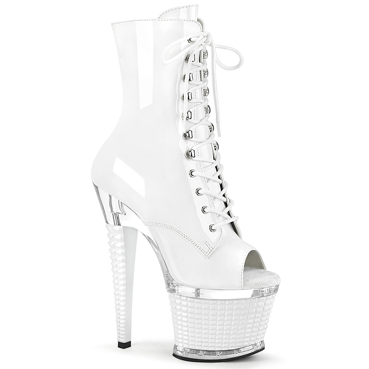 SPECTATOR-1021 Pleaser White 7 Inch Fetish Pole Ankle Boots White Pat Clear-White