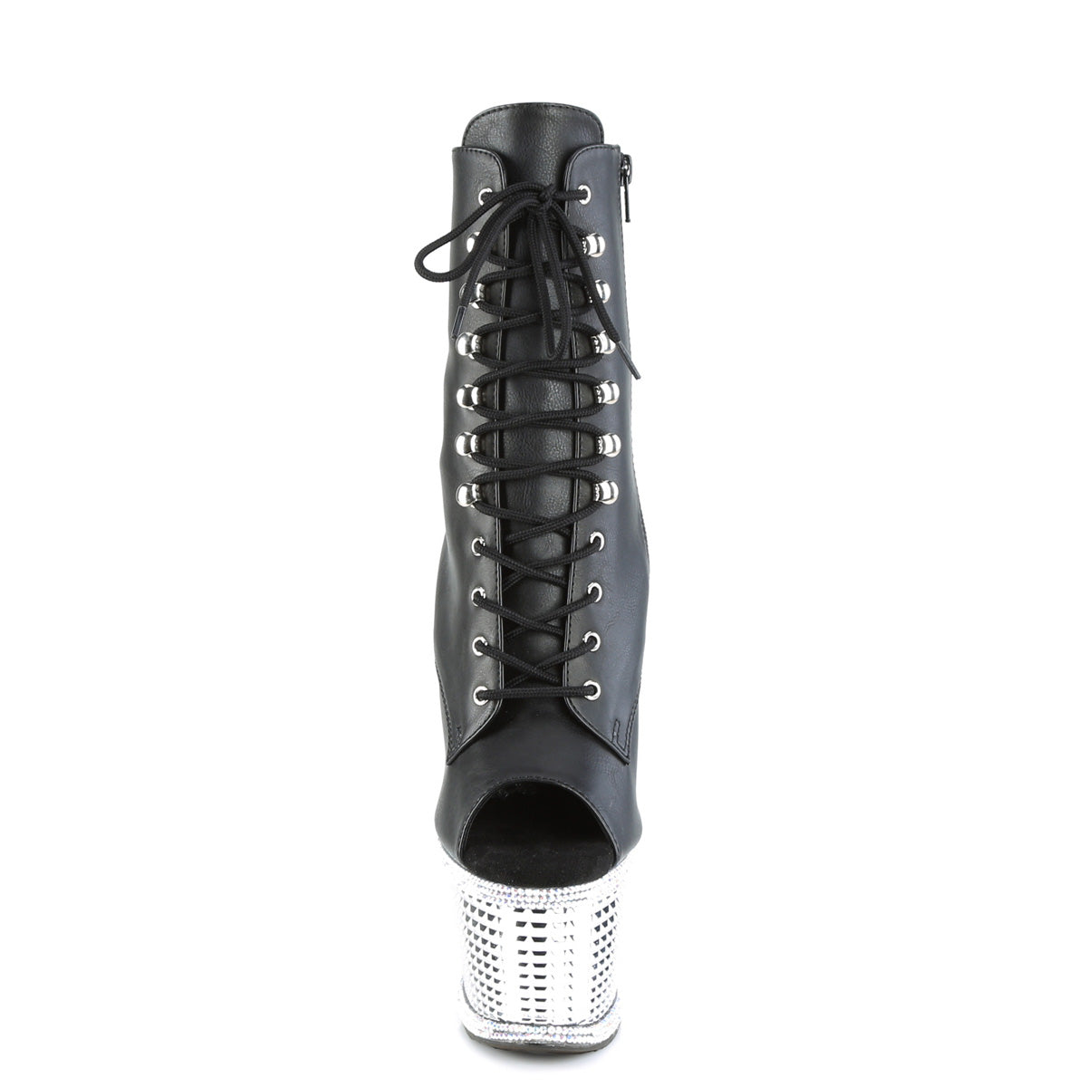 Pleaser SPECTATOR-1021RS Black / Silver Rhinestones-Chrome Lace-Up Peep Toe Platform Ankle Boots - 7 Inch Heels