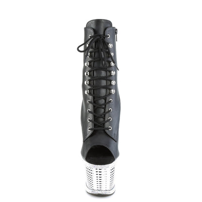 Pleaser SPECTATOR-1021RS Black / Silver Rhinestones-Chrome Lace-Up Peep Toe Platform Ankle Boots - 7 Inch Heels