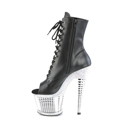 Pleaser SPECTATOR-1021RS Black / Silver Rhinestones-Chrome Lace-Up Peep Toe Platform Ankle Boots - 7 Inch Heels