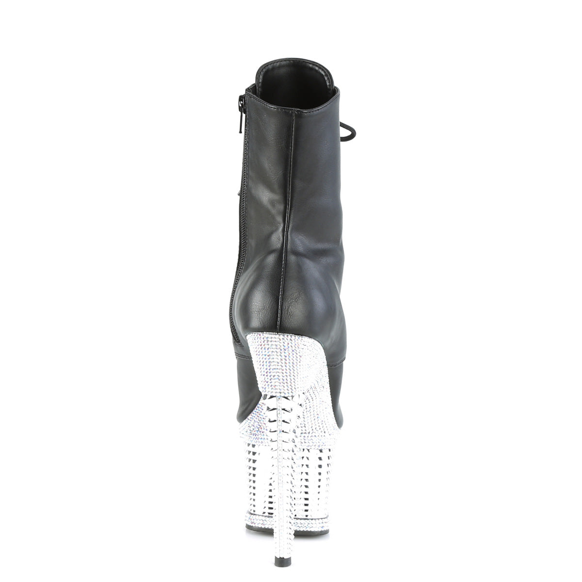 Pleaser SPECTATOR-1021RS Black / Silver Rhinestones-Chrome Lace-Up Peep Toe Platform Ankle Boots - 7 Inch Heels