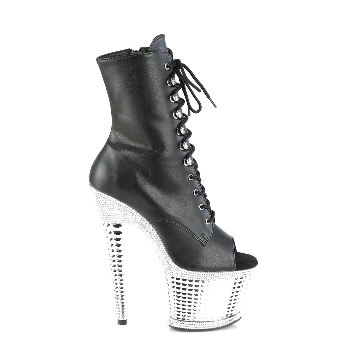 Pleaser SPECTATOR-1021RS Black / Silver Rhinestones-Chrome Lace-Up Peep Toe Platform Ankle Boots - 7 Inch Heels