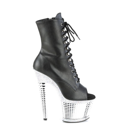 Pleaser SPECTATOR-1021RS Black / Silver Rhinestones-Chrome Lace-Up Peep Toe Platform Ankle Boots - 7 Inch Heels
