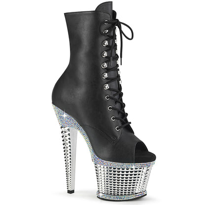 Pleaser SPECTATOR-1021RS Black / Silver Rhinestones-Chrome Lace-Up Peep Toe Platform Ankle Boots - 7 Inch Heels