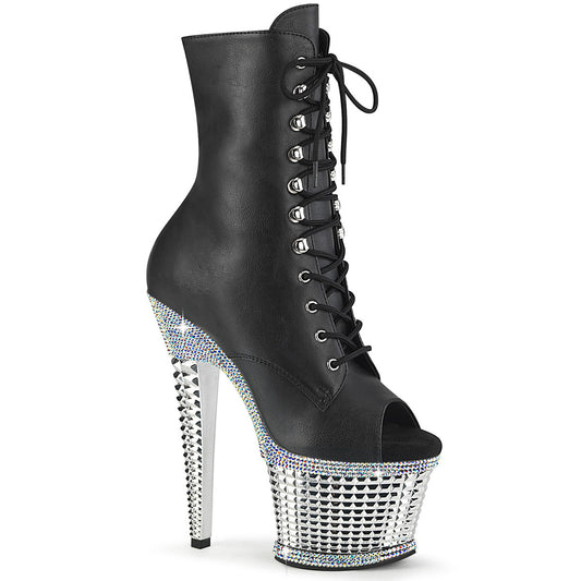 SPECTATOR-1021RS Pleaser Black 7 Inch Exotic Dancing Ankle Boots Black Faux Leather Silver RS-Chrome