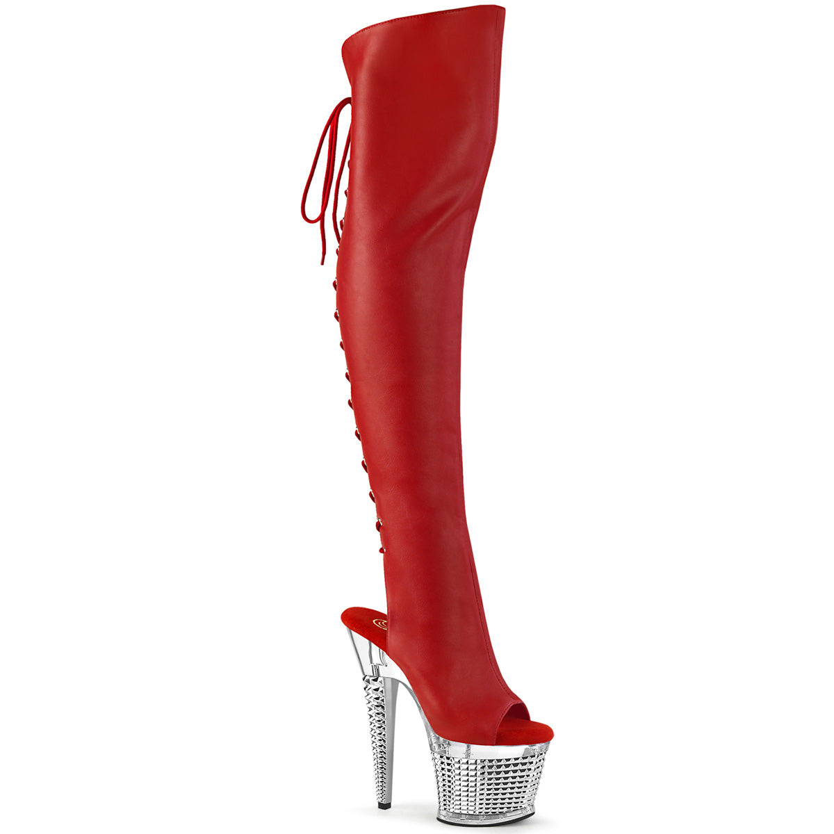 SPECTATOR-3019 Pleaser Red 7 Inch Platform Pole Thigh High boots Red Faux Leather Clear-Silver Chrome