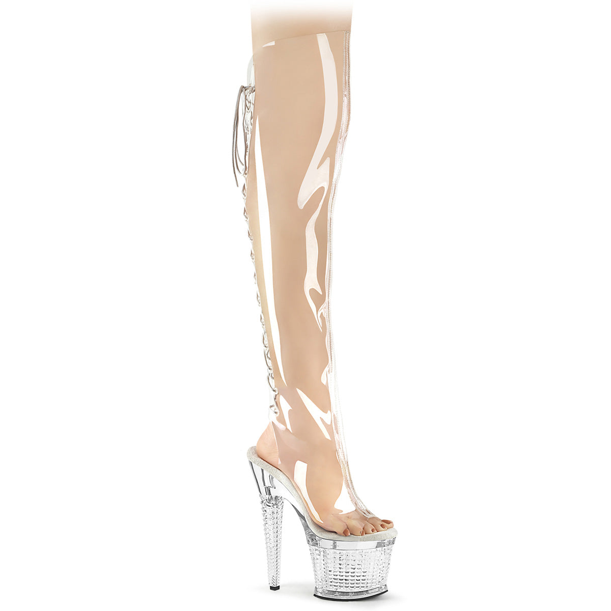 SPECTATOR-3019C Pleaser Clear 7 Inch Pole Dancer Thigh High boots Clr Clr