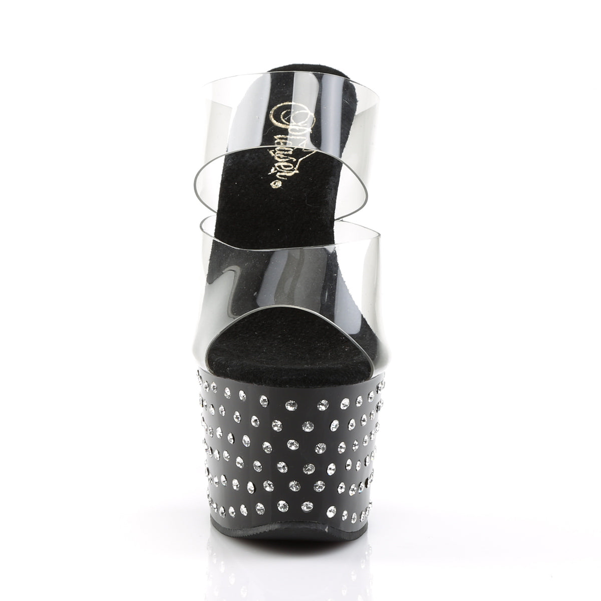 Pleaser STARDUST-702 Clear / Black Rhinestone Platform Mules - 7 Inch Heels