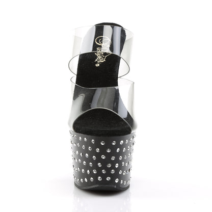 Pleaser STARDUST-702 Clear / Black Rhinestone Platform Mules - 7 Inch Heels