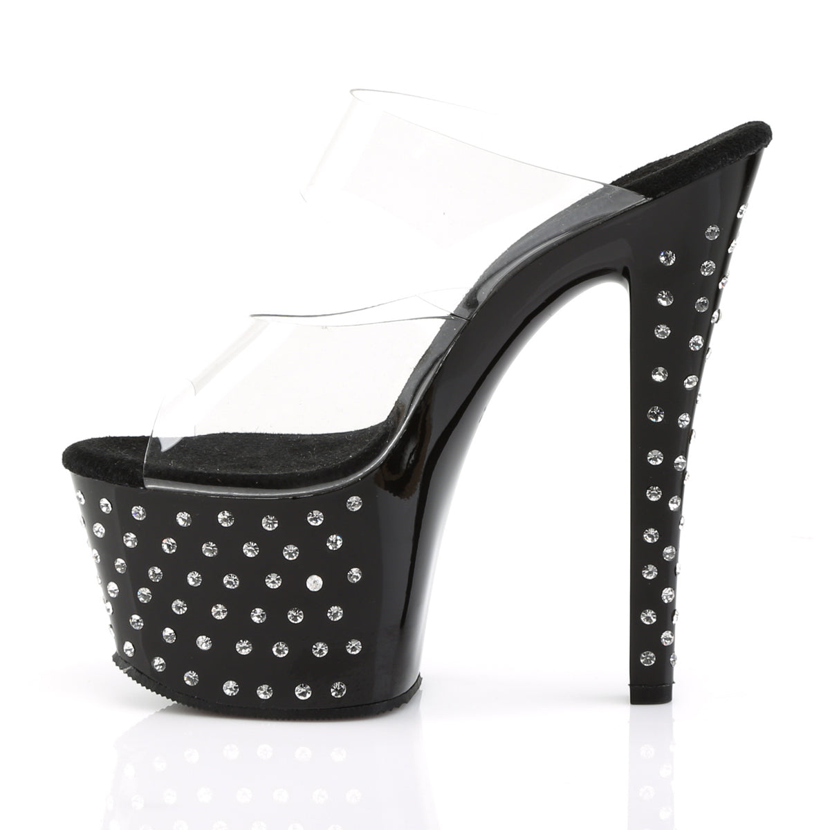 Pleaser STARDUST-702 Clear / Black Rhinestone Platform Mules - 7 Inch Heels