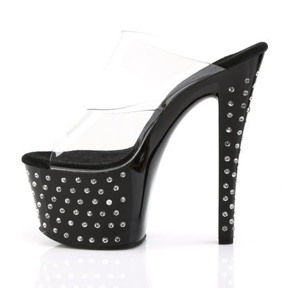Pleaser STARDUST-702 Clear / Black Rhinestone Platform Mules - 7 Inch Heels